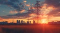 Highvoltage line, high Hackel tower and city landscape at sunset with beautiful sky