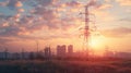 Highvoltage line, high Hackel tower and city landscape at sunset with beautiful sky