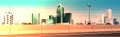 Highway asphalt road with chipper city skyline modern skyscrapers cityscape sunset background flat horizontal banner