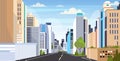 Highway asphalt road city skyline modern buildings high skyscrapers cityscape background flat horizontal Royalty Free Stock Photo