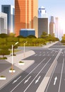 Highway asphalt road with marking arrows traffic signs city skyline modern skyscrapers cityscape sunrise background flat