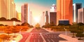 Highway asphalt road with marking arrows traffic signs city skyline modern skyscrapers cityscape sunset background flat