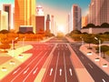 Highway asphalt road with marking arrows traffic signs city skyline modern skyscrapers cityscape sunset background flat