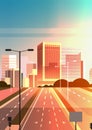 Highway asphalt road with marking arrows traffic signs city skyline modern skyscrapers cityscape sunset background flat