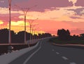 Highway on a background of pink sunset