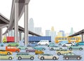 Highway in a big city with trucks and passenger cars, illustration