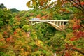 Highway bridge with colorful autumn leaves in Naruko gorge Royalty Free Stock Photo