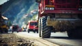 Highway construction crew laying asphalt gravel on road surface to build new roadway.