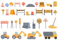 Highway construction icons set, cartoon style