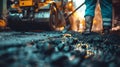 Highway construction with road builders laying asphalt gravel to create a new road surface.