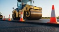 Highway construction site with road roller and cones on fresh asphalt Royalty Free Stock Photo