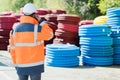 highway construction worker and heavy equipment Royalty Free Stock Photo