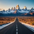 The highway crosses the Patagonia and leads to snow-capped peaks of Mount Fitzroy. Over the road flying flock of Royalty Free Stock Photo