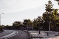 Highway curve road overpass nature landscape background dark tone mist day time street tall lanterns trees bushes Royalty Free Stock Photo