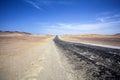 Highway through the desert next to the ocean in National Park Paracas in Ica, Peru Royalty Free Stock Photo