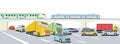 Highway with express train, truck and passenger car, illustration
