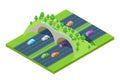 Highway and green bridge for animals above the road. Vector isometric 3D illustration. Save environment and ecology