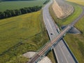 Highway intersection junction summer morning with car. Drone Aerial Top View Royalty Free Stock Photo