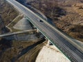 Highway intersection junction summer morning with car. Drone Aerial Top View Royalty Free Stock Photo
