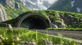 Highway journey road leads to car tunnel entrance, urban travel, Ai Generated Royalty Free Stock Photo