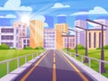 Highway landscape. City street. House and road graphic. Business buildings. Urban architecture. Asphalted driveway. Day Royalty Free Stock Photo