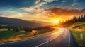 Highway landscape at colorful sunset in summer. Mountain road landscape at dusk