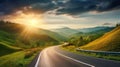 Highway landscape at colorful sunset in summer. Mountain road landscape at dusk