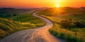 Highway landscape at colorful sunset in summer. Mountain road landscape at dusk