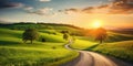 Highway landscape at colorful sunset in summer. Mountain road landscape at dusk