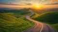 Highway landscape at colorful sunset in summer. Mountain road landscape at dusk