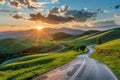 Highway landscape at colorful sunset in summer. Mountain road landscape at dusk