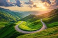 Highway landscape at colorful sunset in summer. Mountain road landscape at dusk