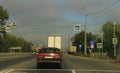 Highway landscape with moving cars at daytime Royalty Free Stock Photo