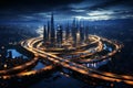 highway in megapolis night ariel view Royalty Free Stock Photo