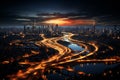 highway in megapolis night ariel view Royalty Free Stock Photo