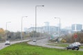 A3 highway motorway road at the entrance in the North of Bucharest city in Romania during a cloudy foggy autumn morning