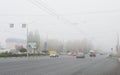 Belgorod, Russia-October 22nd, 2019: Highway with moving cars in a dense fog