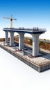 Highway overpass construction site with crane and concrete pillars against blue sky Royalty Free Stock Photo