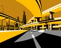 Highway overpass road and city skyline in flat style