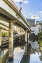 Highway on Pillars on Metropolitan Expressway inner circular route overlooking the Nomikawa river close to Nihonbashi district in