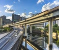 Highway on Pillars on Metropolitan Expressway inner circular route overlooking the Nomikawa river close to Nihonbashi district in