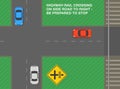 Highway rail crossing on side road to right. Top view of a crossroad with traffic flow.