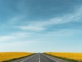 Highway among rapeseed yellow field against a blue sky Royalty Free Stock Photo