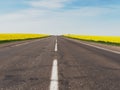 Highway among rapeseed yellow field against a blue sky Royalty Free Stock Photo