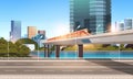 Highway road city street with modern skyscrapers train on railway monorail crossing bridge urban cityscape background Royalty Free Stock Photo