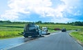 Highway road construction work zone with trucks and machines for new asphalt Royalty Free Stock Photo