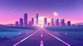 Highway road leading to a city in the early morning with skyscrapers under pink skies with crescents. Urban cityscape Royalty Free Stock Photo