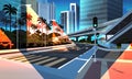 Highway road night city street with modern skyscrapers bridge subway railroad urban cityscape background flat horizontal Royalty Free Stock Photo