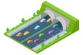 Highway road passes through tunnel in mountain, vector isometric 3D illustration. Transport, road construction concept