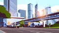 Highway road to city skyline with modern skyscrapers and subway cityscape sunrise background flat horizontal